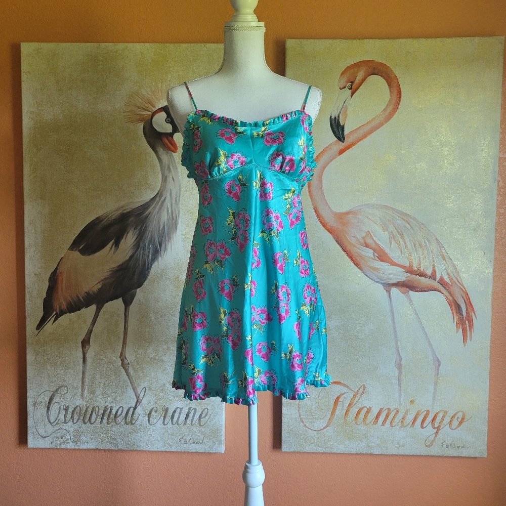 Victoria's Secret Angels VS Chemise Sleepwear Floral Turquoise Ruffle Satin Med
